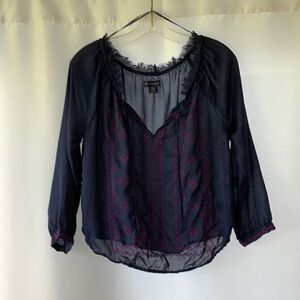 American Eagle navy blue blouse with purple embroidery detail